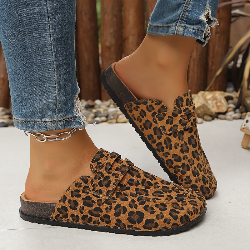Slip On Mule Flat - Damen-Slipper mit Leopardenmuster, verstellbarem Riemen, 2,8