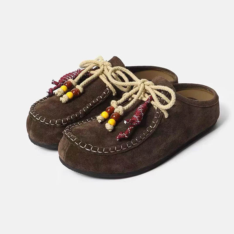Slip On Mule Flat - Perlen-Lanyard, verziert Wildleder-Slip-On-Hausschuhe für Damen, geschlossene