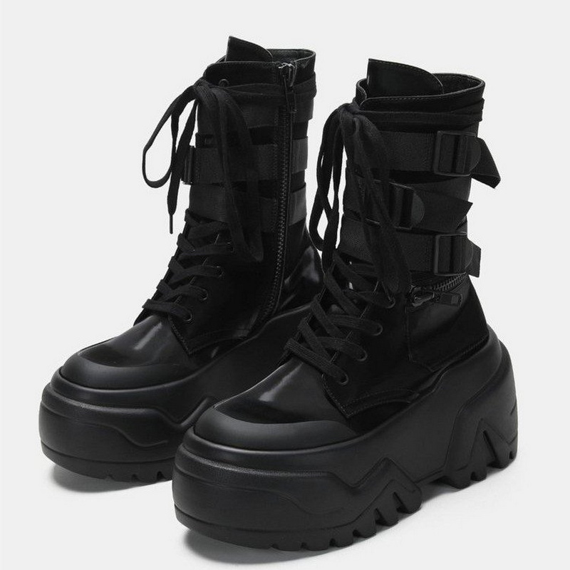 Women Shoes Size Chart - Modische Damen Chunky Platform Motorradstiefel Weiße