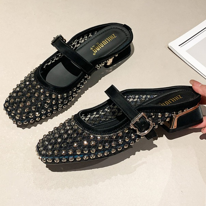 Square Toe Mule - Mesh Strass Chunky Ferse Maultiere Hausschuhe