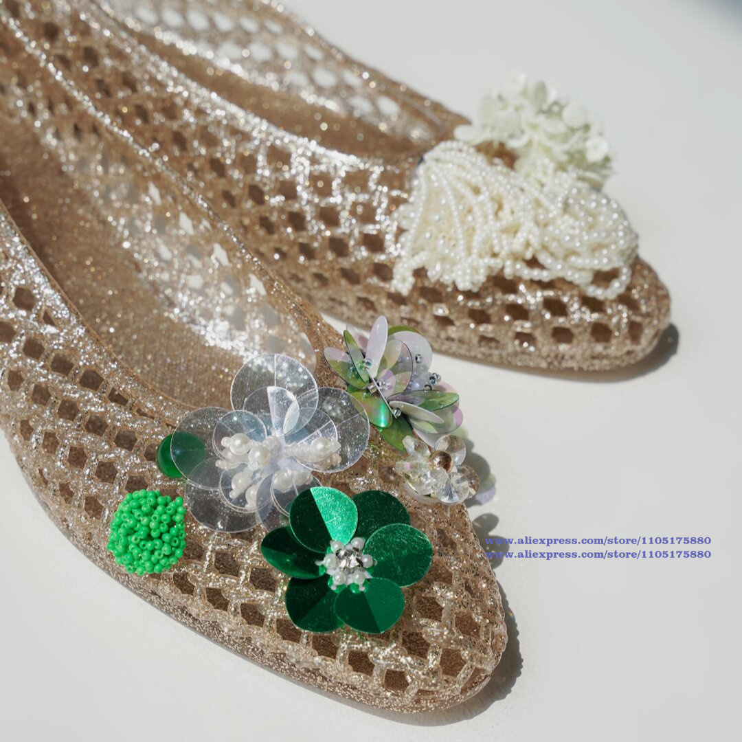 Glitzernde goldene, hohle Jell – Slip On Mule Flat Bewertung und Preis